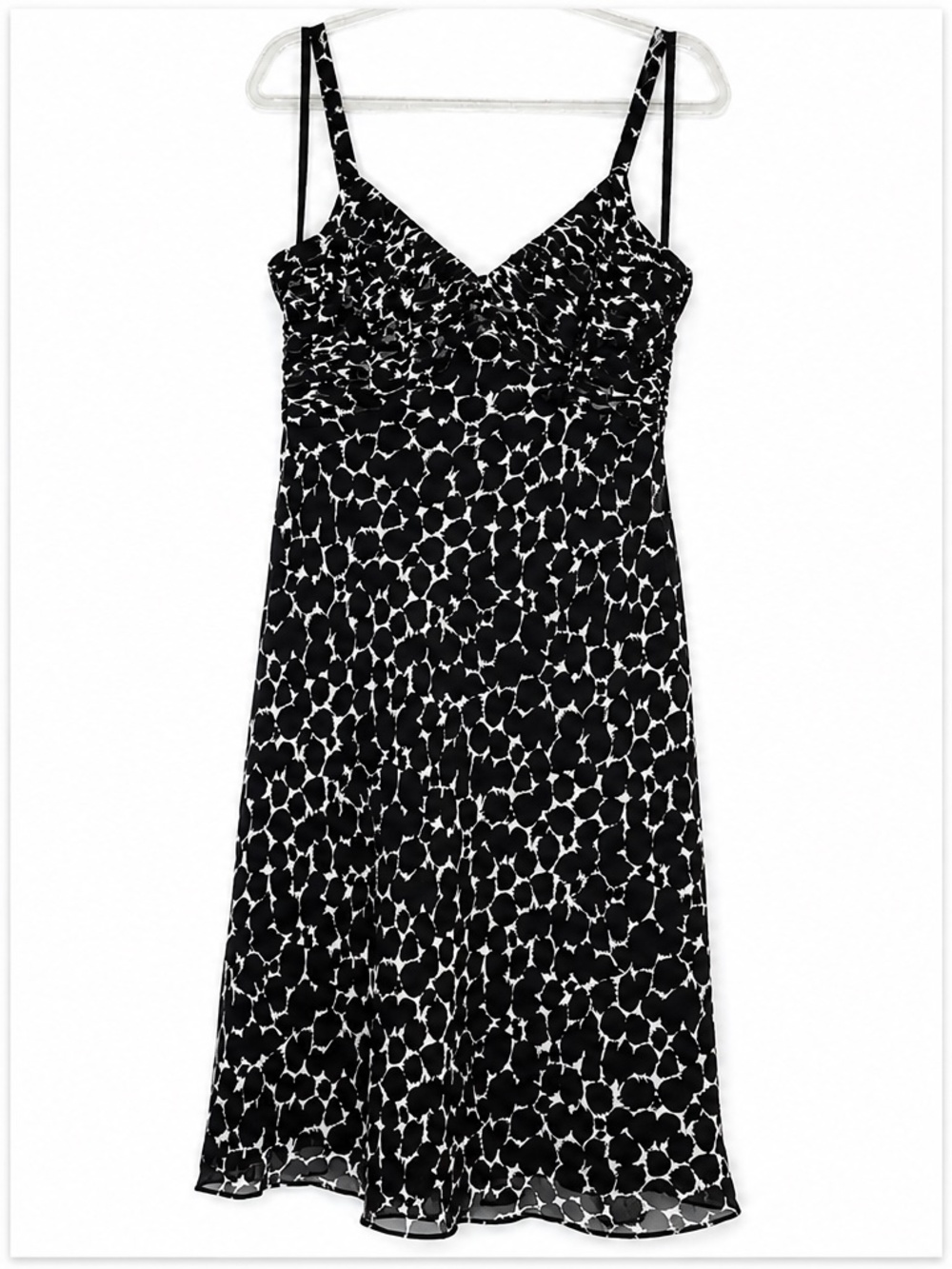 Ann Taylor Petites 4P 100% Silk Black Ivory Print Dress Ruched